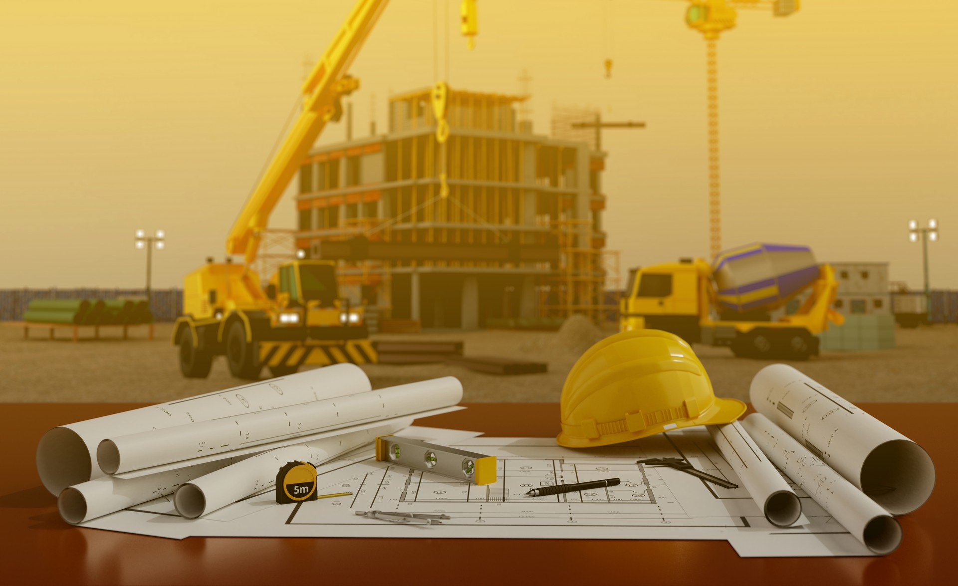 Blue prints with tool and building under construction background.3D rendering